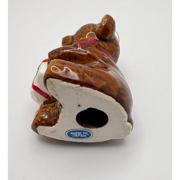 Teddy Bear with Gift Christmas Tree Ornament Brown Glaze Vintage Japan - Picture 4 of 8